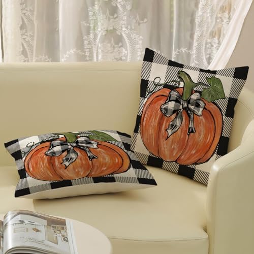 Fall Pillow Covers 20x20 Set of 2 Pumpkin Maple Leaves and Buffalo Plaid Fall Decor Pillowcase Linen Autumn Thanksgiving Decorative Outdoor Throw Pillow Covers Farmhouse Cushion Case for Couch - Image 5