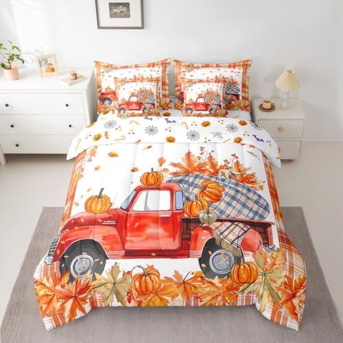 Erosebridal Red Farm Truck Car Bed in a Bag Twin 7 Pieces,Thanksgiving Pumpkin Fall Leaves Comforter Set Reversible Farmhouse Autumn Harvest Design,Soft Breathable Bedding Sets with Comforter,Sheets - Image 3