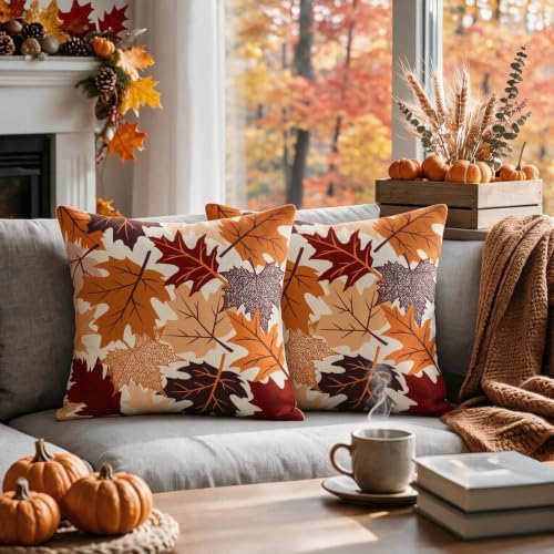 Fall Leaves Pillow Covers 16x16 Set of 2, Maple Leaf Autumn Harvest Thanksgiving Decorative Throw Pillow Cases Holiday Outdoor Seasonal Farmhouse Decor for Sofa Couch Bed - Image 2