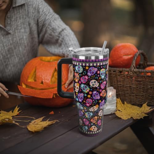 Halloween Day of the Dead Tumbler with Handle 40oz Sugar skull Coffee Travel Mug Stainless Steel Insulated Cups Halloween Dia De Los Muertos Altar Decor Gifts - Image 2