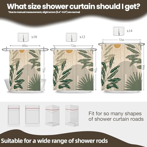 Boho Mid Century Shower Curtains for Bathroom, Modern Abstract Leaf Arch Sunset Pattern Botanical Geometric Bohemian Shower Curtain Waterproof Fabric Bath Decor with Hooks,Beige 60x72 Inch - Image 2