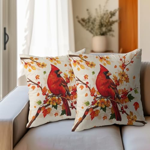 Fall Red Cardinal Bird Pillow Covers 18x18 Set of 2 Autumn Orange Thanksgiving Maple Leaves Outdoor Throw Pillows Covers Tree Holiday Decorative Farmhouse Cushion Case for Living Room Couch Sofa - Image 3
