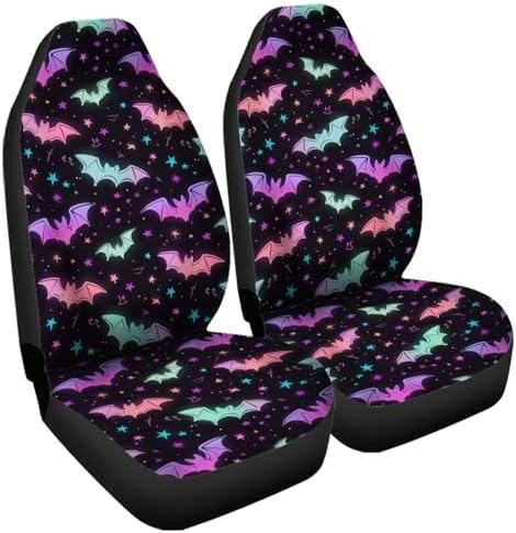 Colorful Bats and Stars Car Accessories Interior Decor Set of 2, Durable Fabric Seat Cover for Men Women Fit for Car, Truck, Van and SUVs