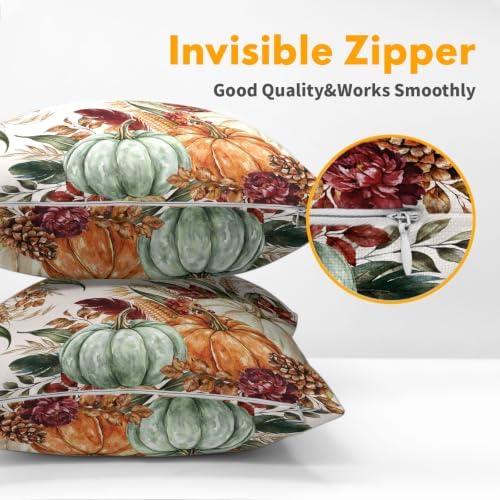 Fall Thanksgiving Pillow Covers 20x20 Set of 2 Colorful Pumpkin Wheat Leaves Pinecones Outdoor Throw Pillows Covers Autumn Harvest Decorative Farmhouse Cushion Case for Room Couch Sofa - Image 5