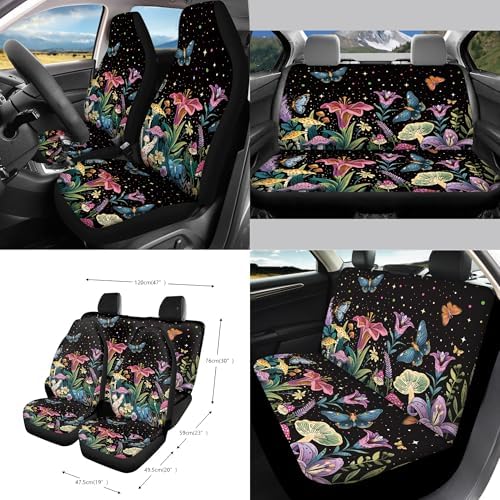 Butterfly Mushroom Floral Print 15Pcs Car Seat Cover Full Set Car Steering Wheel Cover Seat Belt Cover Trash Bin Air Vent Storage Box Front Rear View Mirror Car Cup Holder Keychain