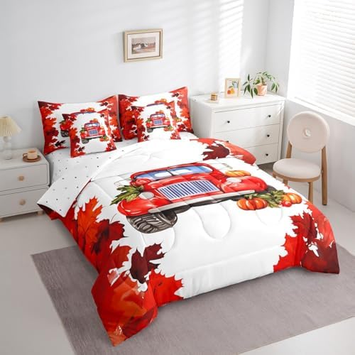 Erosebridal Autumn Harvest Queen Comforter Set 7 Piece,Red Maple Leaves Farmhouse Car Bed in a Bag,Thanksgiving Pumpkin Bedding Comforter Sets with Comforter,Shams,Pillowcases,Flat Sheet,Fitted Sheet - Image 2