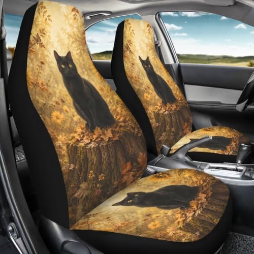 Talayituse Cat Forest Print Car Seat Cover Front Seats Only Full Set of 2, Universal Bucket High Back Car Front Seat Covers Autumn Decor