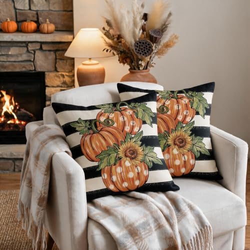 Fall Thanksgiving Pillow Covers 18x18 Set of 2, Autumn Polka Dot Pumpkin Sunflower Print Striped Decorative Throw Pillow Cases Holiday Outdoor Harvest Seasonal Farmhouse Decor for Sofa Couch Bed - Image 3