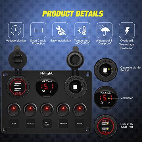 Nilight 5 Gang Multi-Function Rocker Switch Panel On Off SPST Toggle