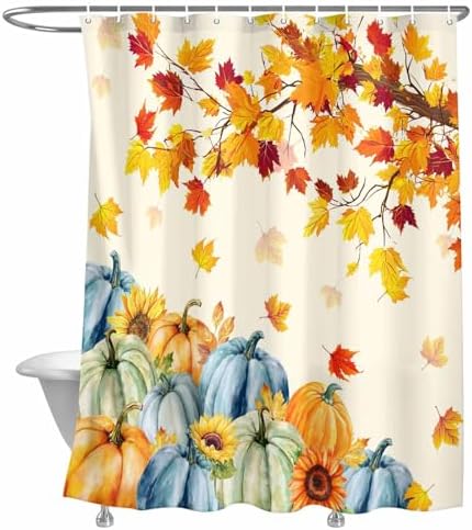 Fall Shower Curtain Autumn Maple Leaves Bathroom Curtains with Hooks, Waterproof Polyester Fabric Thanksgiving Harvest Pumpkin Sunflower Shower Curtains Set for Bathroom Bathtubs Decor 66x72 Inch by LooPoP