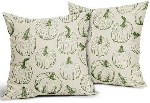 Green Pumpkin Fall Pillow Covers 18x18 Set of 2 Autumn Themed Thanksgiving Harvest Print Decorative Throw Pillows Outdoor Farmhouse Pillowcases Cushion Case Seasonal Decor for Couch Sofa Bed - Image 2