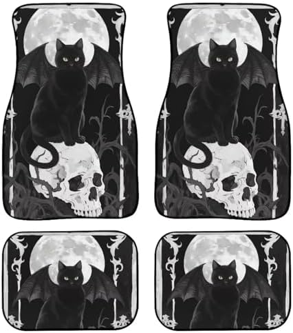 Gothic Cat Car Rubber Floor Mat 4PCS Halloween Winged Cat Skull Front and Rear Mats Non-Slip Floor Mats Heel Pad Watercolor Cats Moon Skull Fit for SUV Van Truck Car