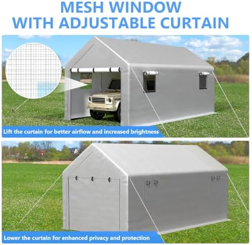 Jocoevol Carport 10x20 FT Enclosed Carport with Roll-up Windows, Portable Garage with Removable Sidewalls & Doors, Car Canopy Tent with Sandbags All-Season Tarp for Car Motorcycle Boat Truck Gray - Image 6