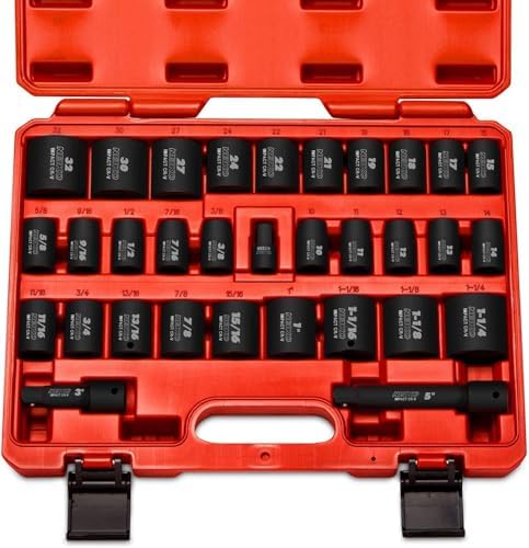 Neiko 02447A 1/2" Drive Master Impact Socket Set, 32 Piece Shallow Socket Assortment | Standard SAE (3/8-Inch to 1-1/4-Inch) and Metric (10-32 mm) Sizes | Cr-V Steel by NeikoTools