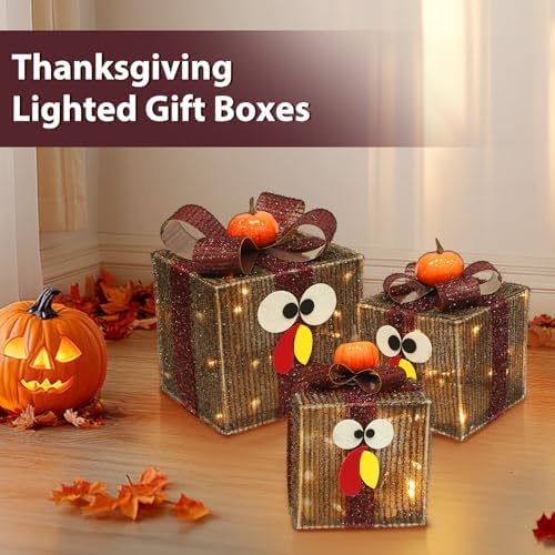 [Timer & 8 Modes] 3 Pack Thanksgiving Decorations Turkey Lighted Gift Boxes - Image 5
