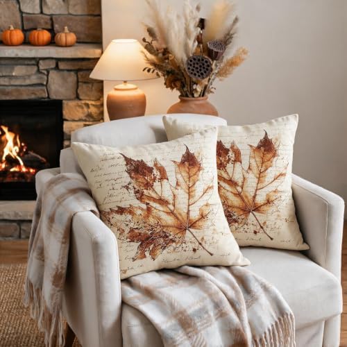 Vintage Fall Pillow Covers 24x24 Set of 2, Rustic Maple Leaf Autumn Themed Thanksgiving Decorative Throw Pillow Cases Holiday Outdoor Seasonal Farmhouse Decor for Sofa Couch Bed - Image 3