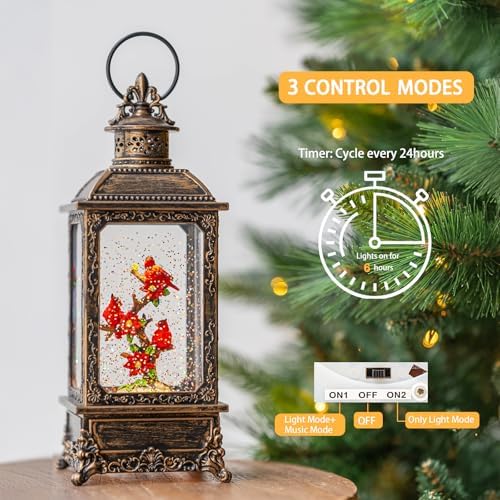 Christmas Snow Globe Water Glittering Cardinal Lantern with Music & Timer, USB Lined/Battery Operated Lighted Lantern for Christmas Festival Decoration Gifts - Image 3