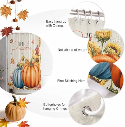 Fall Shower Curtain Autumn Hello Pumpkin Bathroom Curtains with Hooks, Waterproof Polyester Fabric Harvest Thanksgiving Maple Leaves Sunflower Shower Curtains Set for Bathroom Bathtubs Decor 54"x78" - Image 6