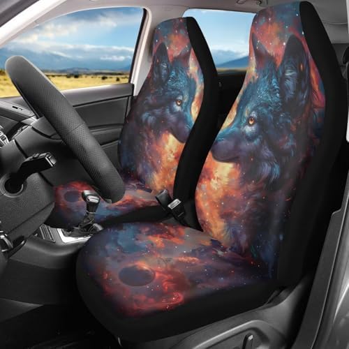 Galaxy Wolf Print Car Seat Covers Full Set of 2 Automobile Front Seat Covers Vehicle Accessories Cushion Pad Mat for SUV Trucks Chairs Vans Auto