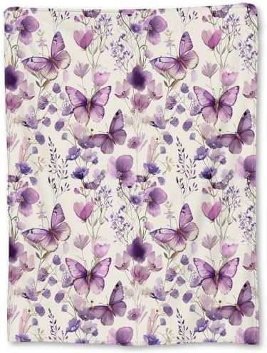 Elegant Purple Butterfly and Floral Blanket, Soft Flannel Throw Blanket for Couch, Bed, Travel, Living Room & Home Decor, Lightweight Cozy Warm Fuzzy Blankets for Adults Women Girls 80×60 in by TiCaldi