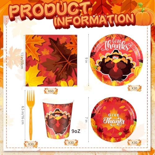 Sliner 180 Pcs Thanksgiving Disposable Dinnerware Set, Bright Turkey - Image 2