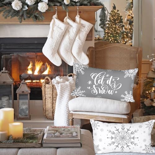 Lanpn White and Grey Christmas Lumbar Throw Pillow Covers 12x20 Set of 4, Decorative Long Gray Winter Snowflake Xmas Cushion Covers Pillow Cases for Home Bedroom Room Holiday Couch Decor Decorations - Image 4
