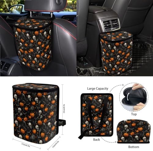 15Pcs Car Seat Cover Full Set Car Steering Wheel Cover Seat Belt Cover Trash Bin Air Vent Storage Box Front Rear View Mirror Car Cup Holder Keychain, Halloween Gothic Pumpkin & Skull