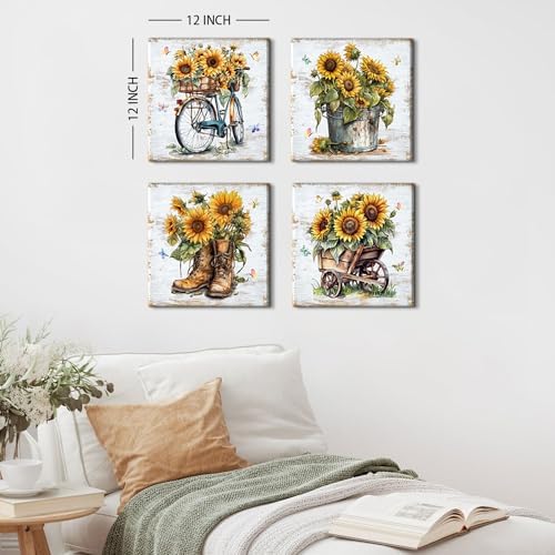 Rustic Sunflower Wall Art Farmhouse Bicycle Boots Truck Sunflower Picture Cowboy Wall Decor Vintage Country Wildflower Canvas Painting Modern Artwork Bedroom Living Room Kitchen Decoration 12x12" 4Pcs - Image 6