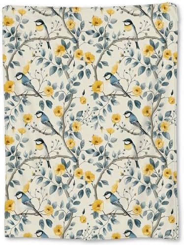 Charming Bird & Floral Blanket, Soft Flannel Throw for Couch, Bed, Travel, Living Room & Home Decor, Cozy Lightweight Warm Fuzzy Blankets with Yellow Flowers for Adults Kids Women 50×40 in by TiCaldi