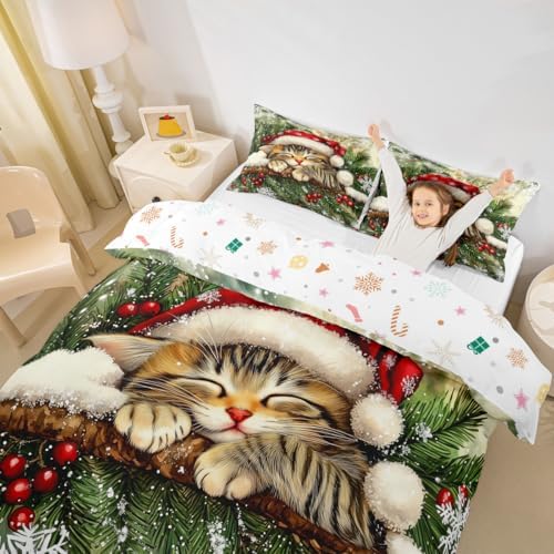 Manfei Xmas Cat Kids Duvet Cover Set Full Size,Snowflake Holly Berries Winter Girls Boys Bedding Set,Merry Christmas Poinsettia Animal Room Decor,Green Yellow Quilt Cover,2 Pillowcases(No Comforter) by Manfei