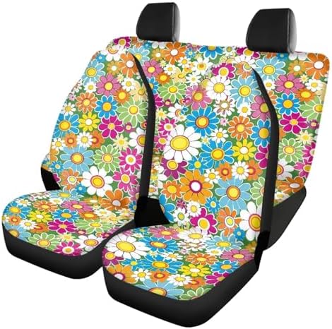 Vibrant Hippie Flower Print Car Seat Covers 4Pcs Front & Rear Breathable Seat Covers Universal Fits for Truck, Sedan, SUV Auto Interior Protector Car Accessories