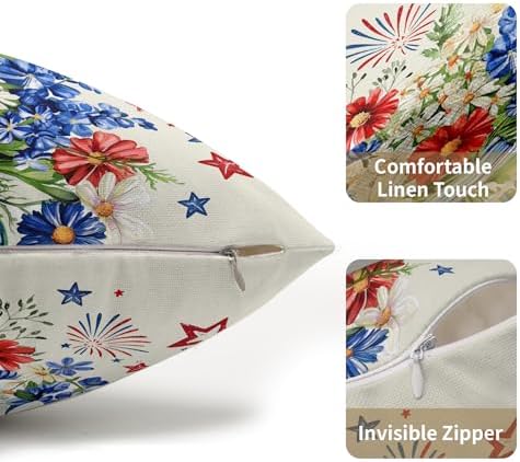 4th of July Pillow Covers 12x20 Set of 2, Patriotic Throw Pillow Covers Independence Memorial Day Pillowcase, Summer Floral Decorative Fourth of July Cushion Case Couch for Indoor Outdoor Home Decor - Image 5
