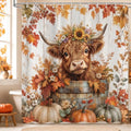 Fall Highland Cow Shower Curtain, Cute Cow Pumpkin Thanksgiving Farmhouse Animal Bathroom Decor Set, Autumn Harvest Seasonal Country Shower Curtains for Bathroom 72X72in by Sokdacm
