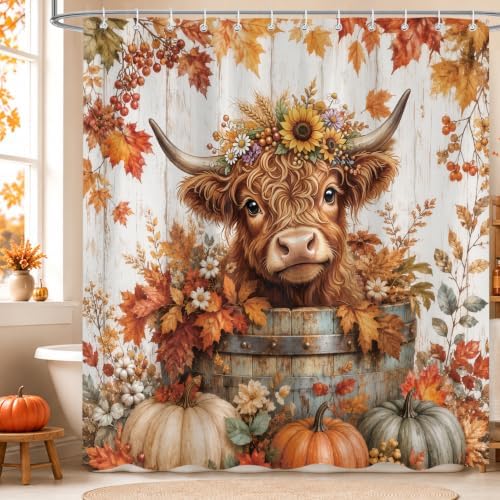 Fall Highland Cow Shower Curtain, Cute Cow Pumpkin Thanksgiving Farmhouse Animal Bathroom Decor Set, Autumn Harvest Seasonal Country Shower Curtains for Bathroom 72X72in by Sokdacm