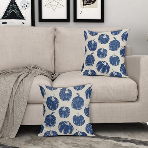 Blue Pumpkin Fall Pillow Covers 20x20 Set of 2 Autumn Harvest Print Thanksgiving Decorative Throw Pillows Outdoor Farmhouse Cushion Case Seasonal Decor for Couch Sofa Bed - Image 3