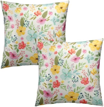 Sweetshow Spring Watercolor Flowers Throw Pillow Covers 22X22 Inches Set of 2 Colorful Floral Green Leaves Pillowcase Soft Cotton Square Seasonal Cushion Covers for Living Room Sofa Bedroom Decor - Image 2