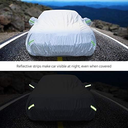 Amazon Basics Silver Weatherproof Car Cover, 150D Oxford, UV Protection, Snow Protection, Dustproof, Sedans up to 180", with Door Zipper and Reflective Straps