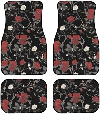Rose Floor Mats for Cars All Weather, Vintage Red White Rose 4-Piece Carpet Vehicle Floor Mats Universal Fit, Baroque Garden Anti-Slip1st & 2nd Row Auto Interior Mat