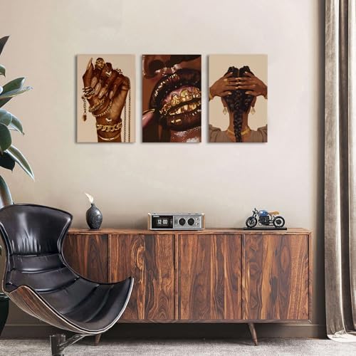 Black Girl Canvas Wall Art Living Room Modern Abstract Gold Jewelry Accessories Canvas Painting African Female Framed Artwork Woman Room Decor Living Room Bathroom Fashion Home Decorations 16x24 3Pcs - Image 4
