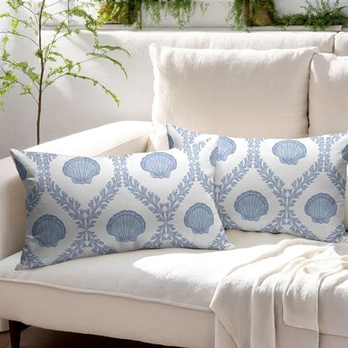 Light Blue Coastal Lumbar Pillow Covers 12x20 Set of 2 Ocean Coral Shell Outdoor Decorative Linen Summer Throw Pillows Cases with Zipper Cushion Cover Rustic Decoration Farmhouse Sofa Couch Bed Decor - Image 3