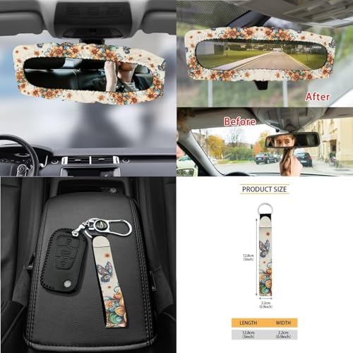 Butterfly Boho Floral Print Car Seat Covers 15Pcs Full Set Car Steering Wheel Cover Seat Belt Cover Trash Bin Air Vent Storage Box Rear View Mirror Car Cup Holder Keychain