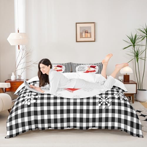Cute Snowman Kids Duvet Cover Set Queen Size,Merry Christmas Snowflake Xmas Bedding Set,Girls Boys Adults Room Decor,Geometric Grids Plaids Chic Comforter Cover,Black White Quilt Cover,2 Pillowcases - Image 2
