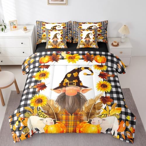 Fall Gnome Queen Comforter Set 7 Pieces Bed in a Bag Autumn Maple Leaves Bedding Comforter Sets,Thanksgiving Pumpkin Santa Dwarf Comforter with Fitted Sheets,Flat Sheets,Pillowcases & Shams by Erosebridal