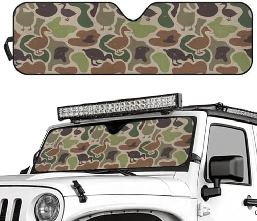Renewold Duck Camo Green Automotive Windshield Sunshade, Foldable Car Front Window Sun Shade, Blocks Heat UV Rays Sunlight Sun Visor, Keep Cool Shield Cover, for Jeep Wrangler JK JL Gladiator JT