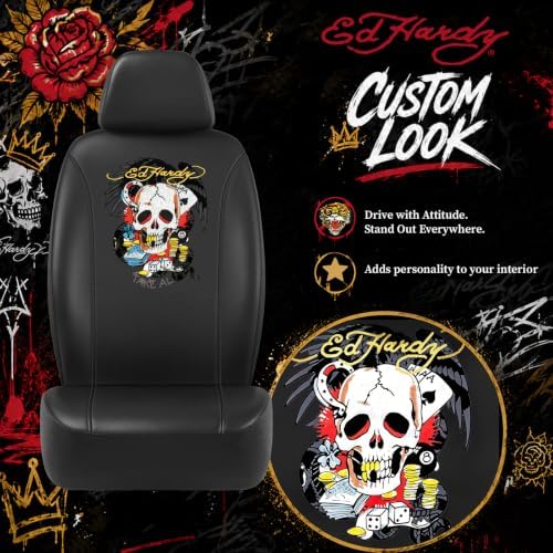 ED HARDY Casino Skull Car Seat Covers, Black Premium Leather Seat Covers