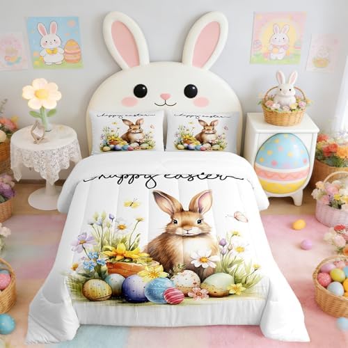 Homewish Cute Rabbit Comforter Set Twin Size,Happy Easter Quilt Set Watercolor Egg Floral Bedding Set 2Pcs for Kids Girls Women Teens Room Decor,Nature Animals Plants Spring Duvet Insert,1 Pillowcase by Homewish