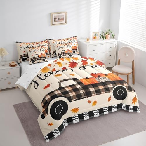 Erosebridal 7 Piece Happy Fall Y'all Bedding Set Farmhouse Pumpkin Truck Full Comforter Set with Sheets Thanksgiving Harvest Bed in A Bag for Kids Black White Buffalo Plaid Bed Set Autumn Decor - Image 3