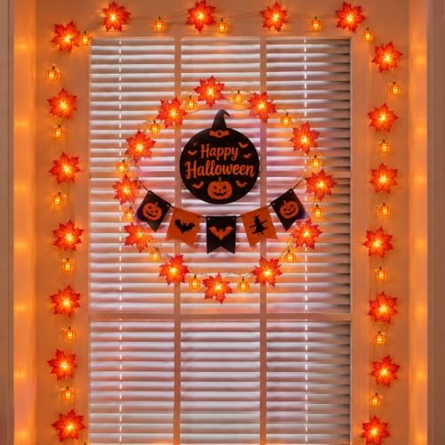 YEGUO 2Pack Fall Garland Lights, 20ft 40LED Maple Leaves with Pumpkin - Image 7