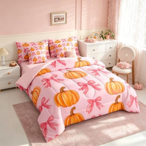 Erosebridal 7 Pcs Pumpkin Bed in A Bag Twin Kawaii Pink Bowknot Bedding Set - Image 2