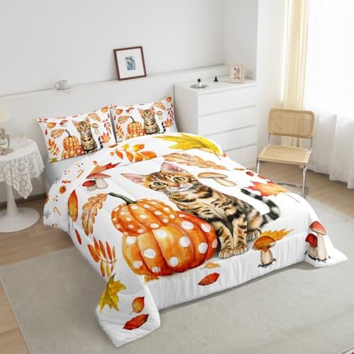 Erosebridal Pumpkin Comforter Cat Fall Decor Bedding Cartoon Cat Bedding Comforter Sets, Autumn Harvest Theme Duvet Insert Thanksgiving Gifts Down Comforter for Girls Boys Bedroom Collection, Queen - Image 3